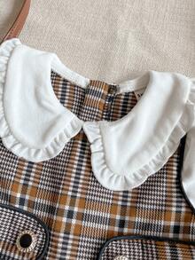 PrepCrw 1 pieza Vestido largo de manga larga a cuadros caqui y blanco con cuello para niñas bebé, elegante y versátil, adecuado para uso casual diario, salidas, reuniones, otoño e invierno - Multicolor - Ver 4