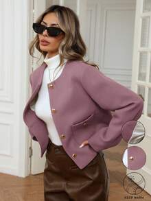 Aveloria Modichic Minimalist Elegant Commuter Short Round Neck Loose Big Pocket Metal Decor Button Wool Blend Jacket