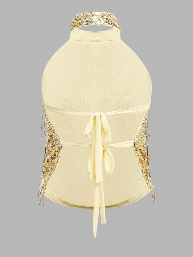 SHEIN Maija 여성용 패셔너블한 등 없는 매듭 홀터넥 탑, 골드 스팽글 & 태슬 장식, 홀리데이 파티에 적합