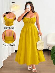 Flirla Plus Size Women's Elegant Solid Color Front Tie Bow Spaghetti Strap Maxi Beach Dress, Suitable For Beach, Resort, Party, Date, Music Festival, Spring/Summer, Versatile Design - Yellow - View 1