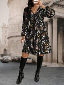 EMERY ROSE Plus Size Casual Ditsy Floral Lantern Sleeve Dress, Autumn - Black - View 6