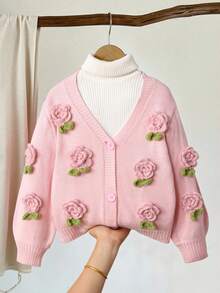 Áo khoác cardigan dáng ôm, tay dài, cổ chữ V, cài nút, họa tiết hoa tương phản, thiết kế đơn giản cho bé gái LMoss Kids - Màu Hồng baby - Xem 1