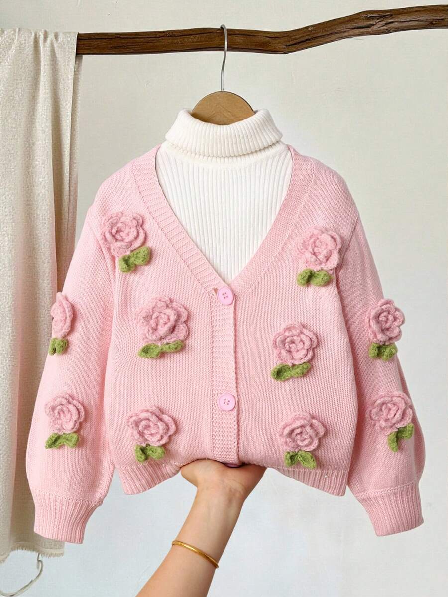 Áo khoác cardigan dáng ôm, tay dài, cổ chữ V, cài nút, họa tiết hoa tương phản, thiết kế đơn giản cho bé gái LMoss Kids - Màu Hồng baby - Xem 1