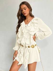 Aloruh Women's V-Neck Ruffle Hem Bohemian Brown Chiffon Loose Tie Waist Mini Dress, Autumn/Winter - Apricot - View 7