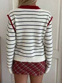 CovetEZ Cárdigan casual de punto para mujer con patrón de caballero y bloques de color a rayas, adecuado para otoño/invierno - Blanco y Negro - Ver 2