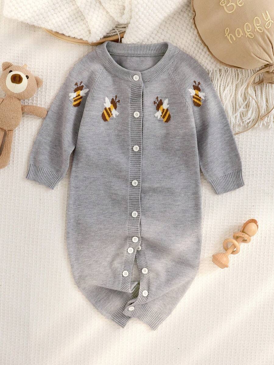 Infant Girls' Knitted Jumpsuit With Single-Breasted Button, Adorable Bee Jacquard Design, Convenient Snap Crotch, Versatile For Everyday Wear And Occasions, Suitable For Spring, Autumn And Winter Baby Casual Romper - Light Grey - View 1