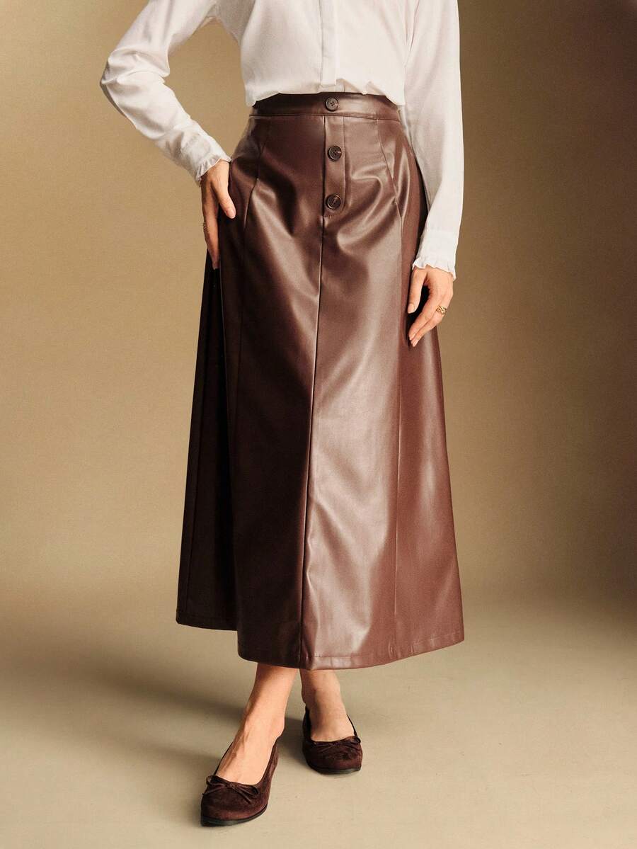 Chiquease Women's Elegant Brown PU Leather A-Line Skirt,Shades Of Brown Autumn Winter Christmas Halloween Party Office Skirt,Fashion Zipper Casual Skirt - Brown - View 1