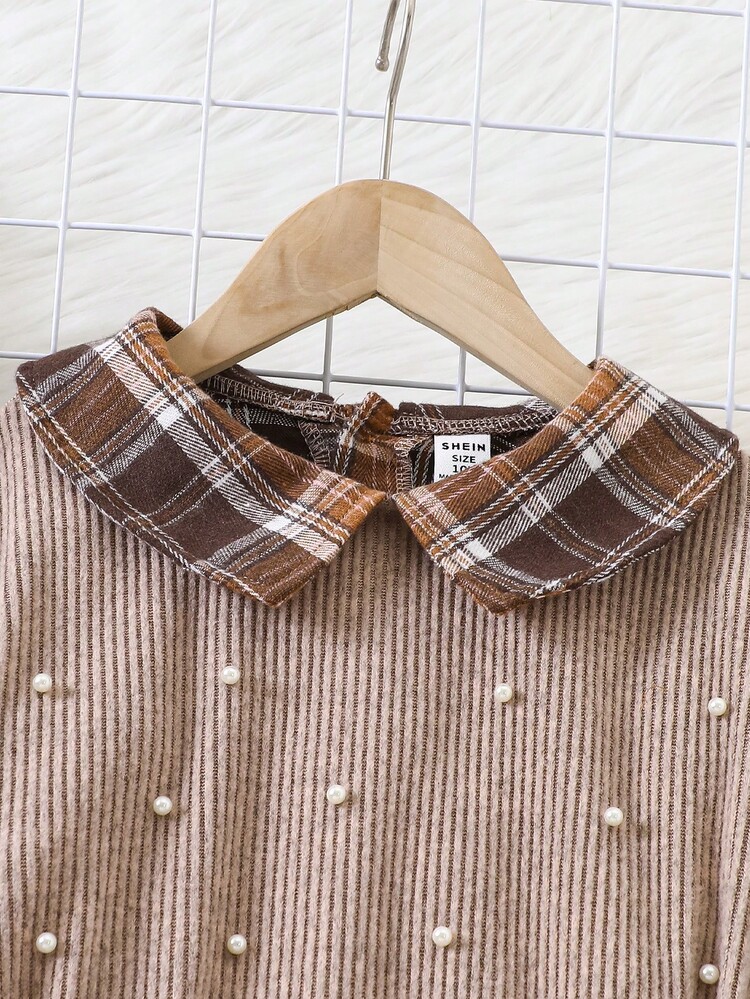 SHEIN Tween Girls' Brown Plaid Elegant Dress,Beaded Hem Apricot Ribbed Knit,Long Sleeve Collar,Autumn Back-To-School,School,Beige,Design Pockets,Casual - Khaki - View 4