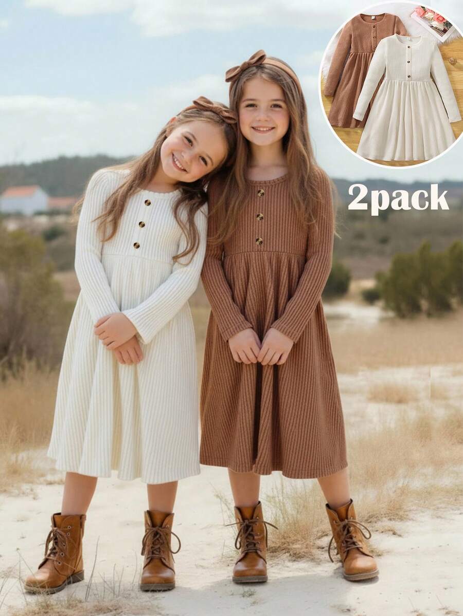 SHEIN 2 件套青少年女孩优雅柔软针织纯色长袖连衣裙,秋冬,姐妹装,套头毛衣裙,休闲,舒适,百搭,秋冬儿童装,派对,户外,街头 - 彩色 - 查看 1