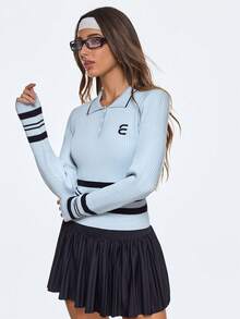 Eassivo Eassivo Contrast Stripe Splice Long Sleeve Polo Sweater - Baby Blue - View 4