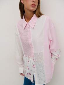 Nöista Áo kiểu dáng thường ngày kết hợp các mảng vải kẻ sọc, họa tiết thêu và vải hoa. Sự pha trộn giữa màu sắc nhẹ nhàng và họa tiết vui tươi tạo nên vẻ ngoài thoải mái, nữ tính, dễ dàng phối cùng quần jeans hoặc chân váy cho phong cách thường ngày. - Hồng - Xem 4