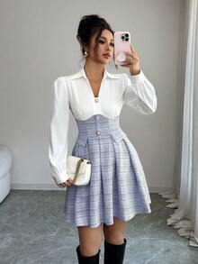 Elenzga Váy xòe tay dài họa tiết kẻ caro cổ điển dành cho nữ, thích hợp cho các buổi hẹn hò, tụ họp, lễ hội âm nhạc, lễ hội hóa trang và nhiều dịp khác, mùa xuân/thu - Xanh và trắng - Xem 3