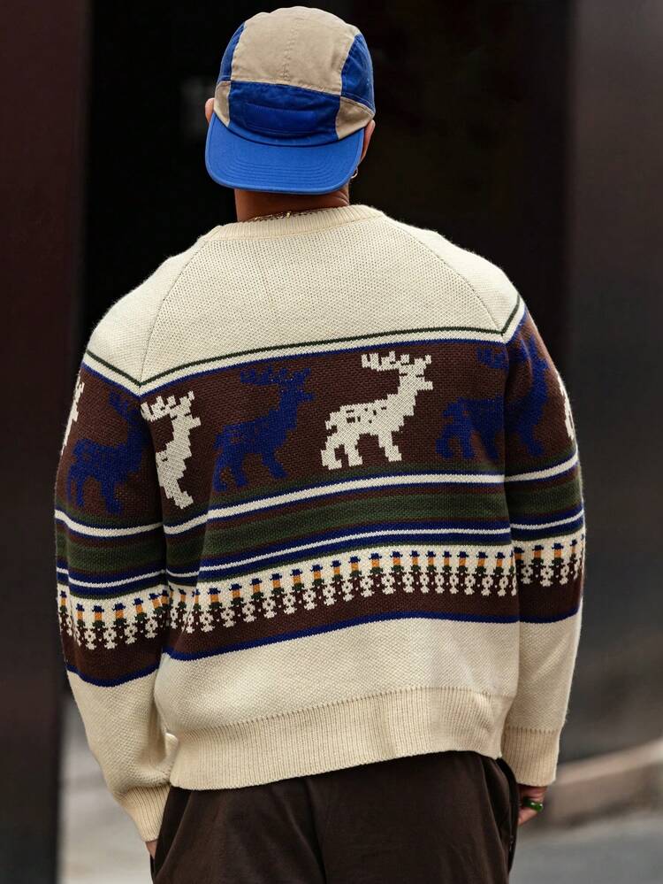 Men's Colorblock Deer Pattern Jacquard Knit Sweater, Autumn/Winter