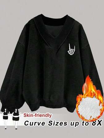 SHEIN CURVE+ 女式加大码 V 领骷髅手指花卉印花黑色加大码宽松羊毛运动衫冬季秋季秋冬