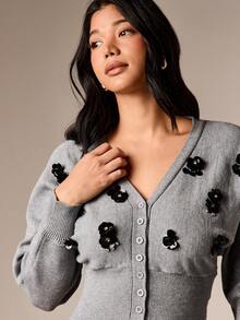 AiiRZ Oversized Cardigan With Black Floral Embellishments Button Front Long Sleeve Cropped Knit Sweater For Fall Winter Layering - Grey - View 4
