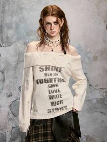 ROMWE EDITION Women's Vintage Casual Off-Shoulder Distressed Spaghetti Strap Letter Logo Print Pullover Sweater - Apricot - View 6