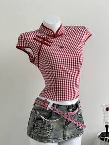 Elamini 红白格子棉混纺撞色纽扣立领侧开衩收腰短袖女式上衣，适合秋冬季节，时尚百搭，通勤、通勤、简约、学院风、复古风、教师、优雅、日常、约会、外出等场合。
