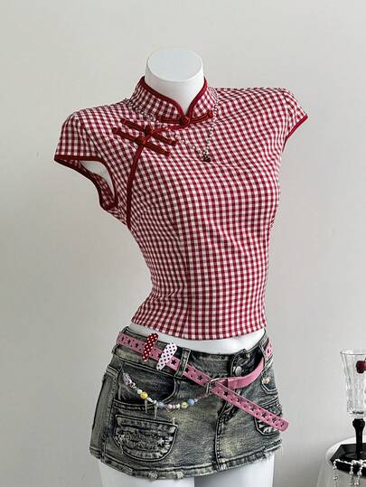 Elamini 红白格子棉混纺撞色纽扣立领侧开衩收腰短袖女式上衣，适合秋冬季节，时尚百搭，通勤、通勤、简约、学院风、复古风、教师、优雅、日常、约会、外出等场合。
