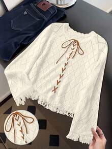 Franclia 博主风时尚撞色系带镂空花卉流苏套头毛衣，欧美新品 - 米色 - 查看 5