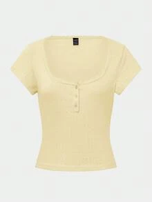 Chiquease 甜美蕾丝边短袖 T 恤女士，新款夏季修身款三扣半袖黄色上衣 - 黃色 - 查看 6