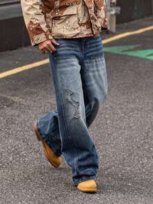 DAZY Men's Solid Color Washed Distressed Blue Jeans, Autumn - Blue - View 4