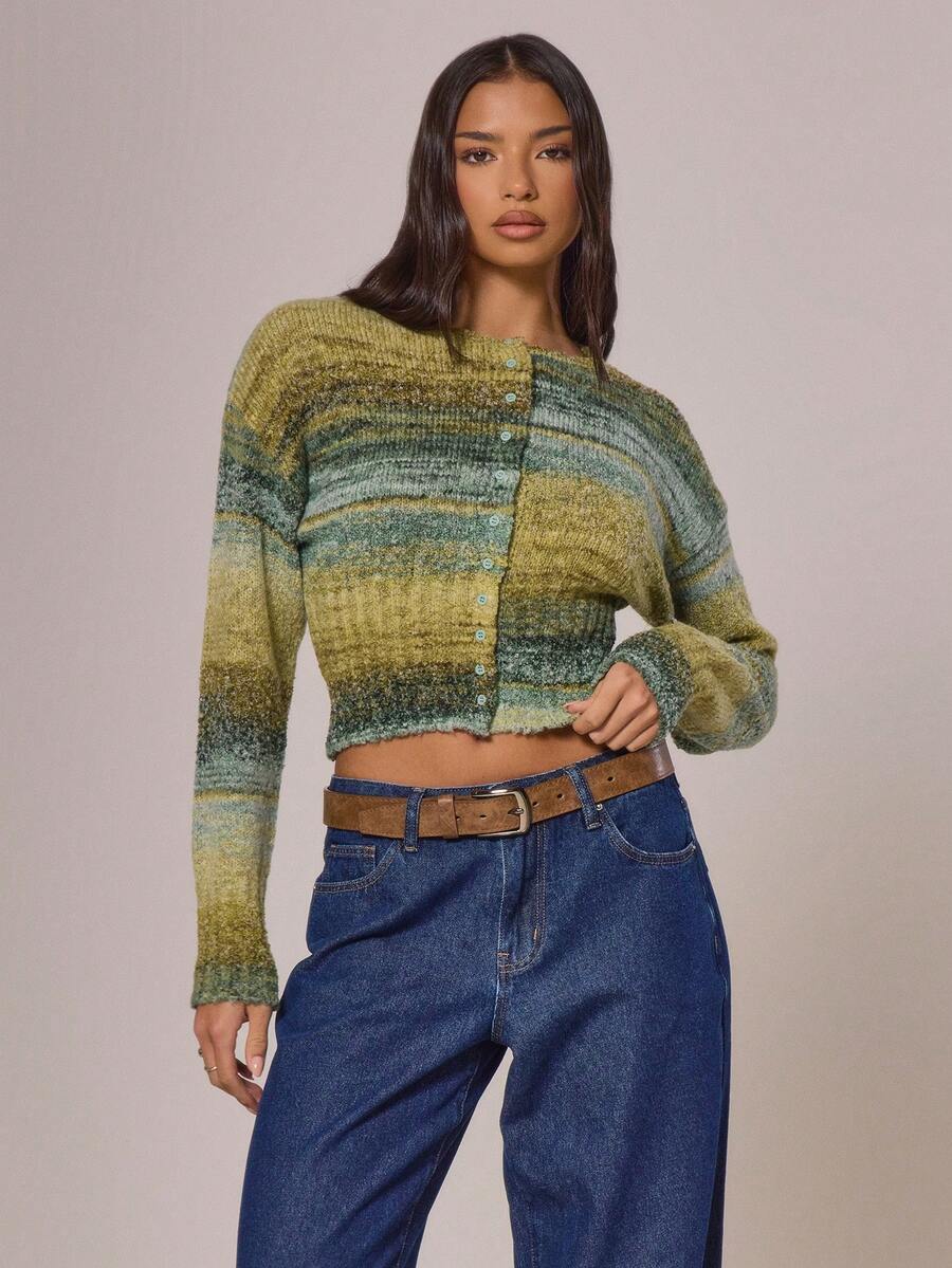 MUSERA Cinched Waist Stripe Button Through Cardigan Autumn Winter Cottage Core Cute Cosy Holidays Country Calling - Multicolor - View 1