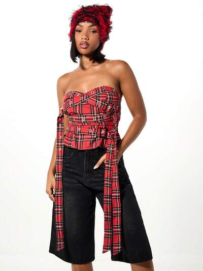 SUMWON WOMEN Cotton Plaid Print Bandeau Corset Top With Metal Eyelets Halter Neck Women Festival Crop Y2K Alternative Grunge Fall Fashion Gothic Party Club Wear