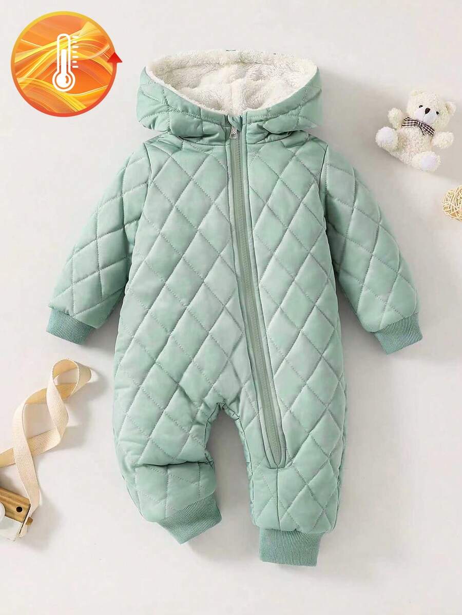 SHEIN Jumpsuit Fleece Berkerudung dengan Resleting Motif Berlian Hangat untuk Bayi Laki-laki, Pakaian Nyaman untuk Musim Gugur/Dingin - Hijau - View 1