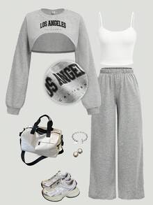 SHEIN Girlism Bộ 3 món áo nỉ in chữ thời trang đường phố cho bé gái tuổi teen, áo ba lỗ và quần dài, xuân/đông - Màu Xám nhạt - Xem 1