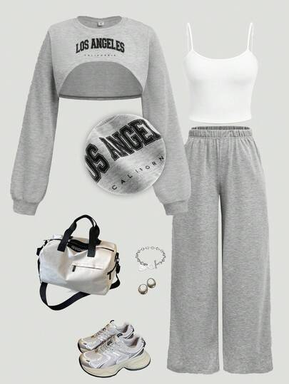 SHEIN Girlism 3件套少女街头时尚字母印花卫衣、背心和裤子套装，春/冬季