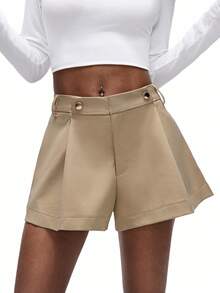 Aveloria GENKIRA Khaki Pleated Shorts With Side Buttons, Tailored For A Sleek, Fashionable Look - Khaki - View 1