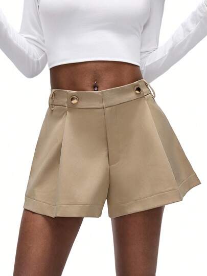 Aveloria Affinna Khaki Pleated Shorts With Side Buttons, Tailored For A Sleek, Fashionable Look