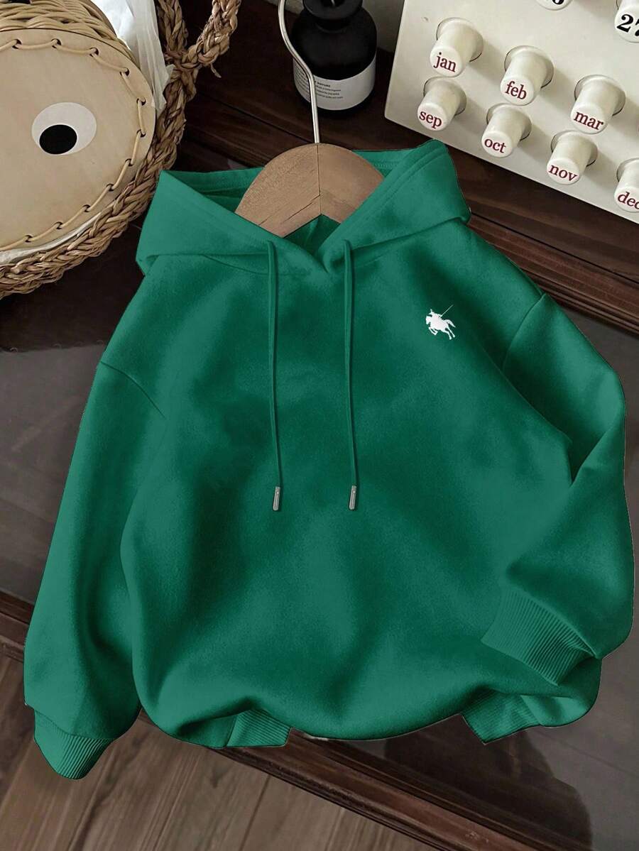 SHEIN EZwear 休闲简约骑马图案绿色卫衣，长袖宽松加厚款，适合秋冬季节、返校季和机场穿着。 - 綠色 - 查看 1
