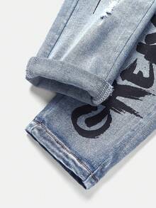 New Fashion Young Boy Urban Street Cool Graffiti Print Ripped Frayed High Stretch Blue Denim Jeans Fall Winter, For Fall/Winter Daily-Wear, Streetwear, Christmas, New Year, Thanksgiving For Boys, Stylish Collection - Medium Wash - View 3