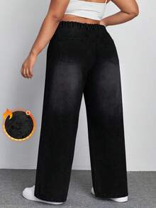 SHEIN ICON 大码女式休闲水洗直筒保暖牛仔裤 - 黑色 - 查看 2
