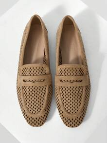 MOTF WOMEN'S CASUAL PERFORATED BREATHABLE COMFORTABLE SUEDE FLAT LOAFERS, SUITABLE FOR DAILY COMMUTE - Apricot - View 2