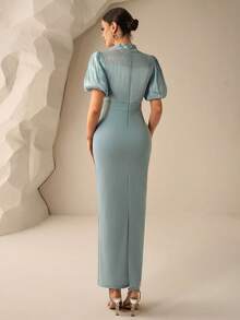 Coutiva Vestido elegante de cóctel de manga corta con cuello de solapas enjoyado, estilo de celebridad de lujo - verde menta - Ver 2