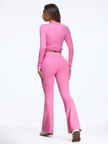 SHEIN Sovereign Charm Women's Soft Pink Autumn Athleisure Gym Set,Long Sleeve Crop Top With Ruffle Hem,High Waist Flare Pants,Stretch Slim Fit Activewear Workout Outfit - Pink - View 2