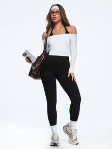 SHEIN Dewbera Bộ đồ liền thân bó sát cổ yếm hở lưng màu trơn - màu đen - Xem 7