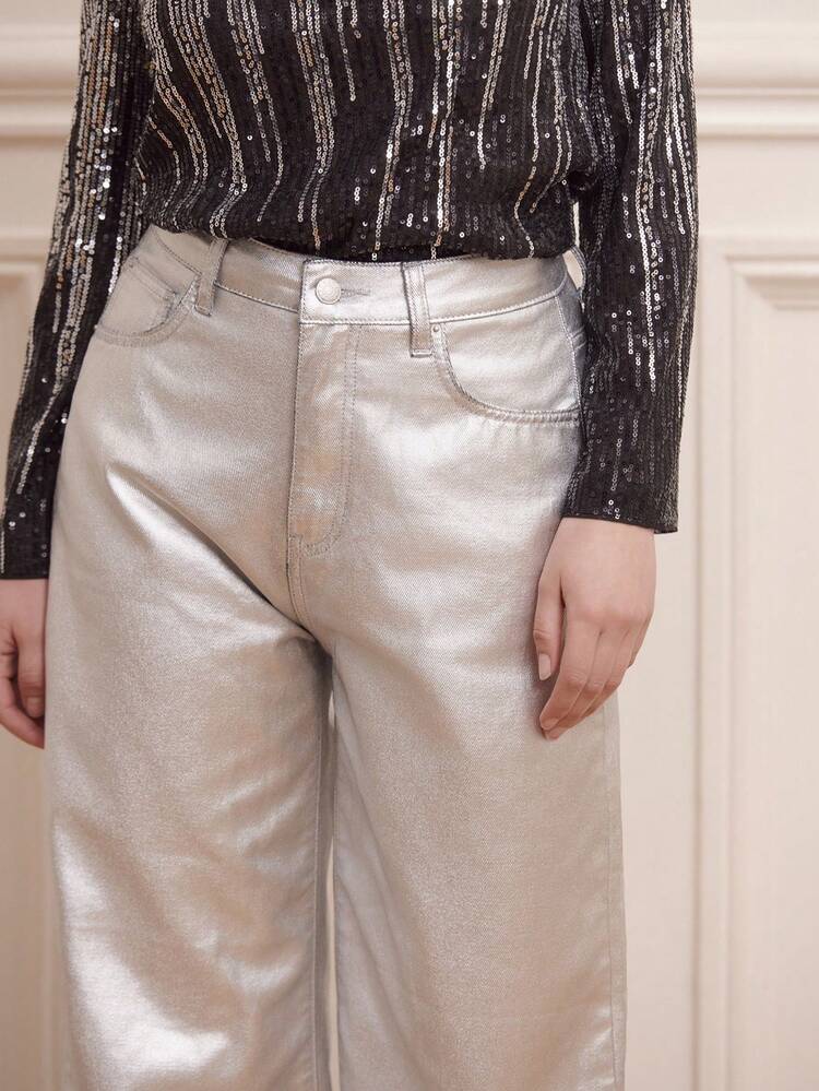 Metallic silberne Hose mit hoher Taille und weitem Bein, Party-Look, glänzende Hose für Ausgehen, Silvester