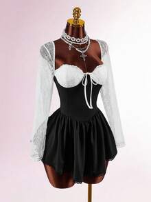 Amplova Black And White,Autumn,Elegant,Goth,Night Out Fitted Semi-Sheer Heart-Shaped Bust Long Sleeve Bodycon Mini Dress,Open Back & Criss-Cross Corset Dress - Black - View 10