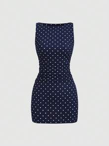 Sweetra Váy ngắn thanh lịch không tay nhún eo chấm bi dành cho nữ, mùa xuân/hè - Màu xanh hải quân - Xem 2