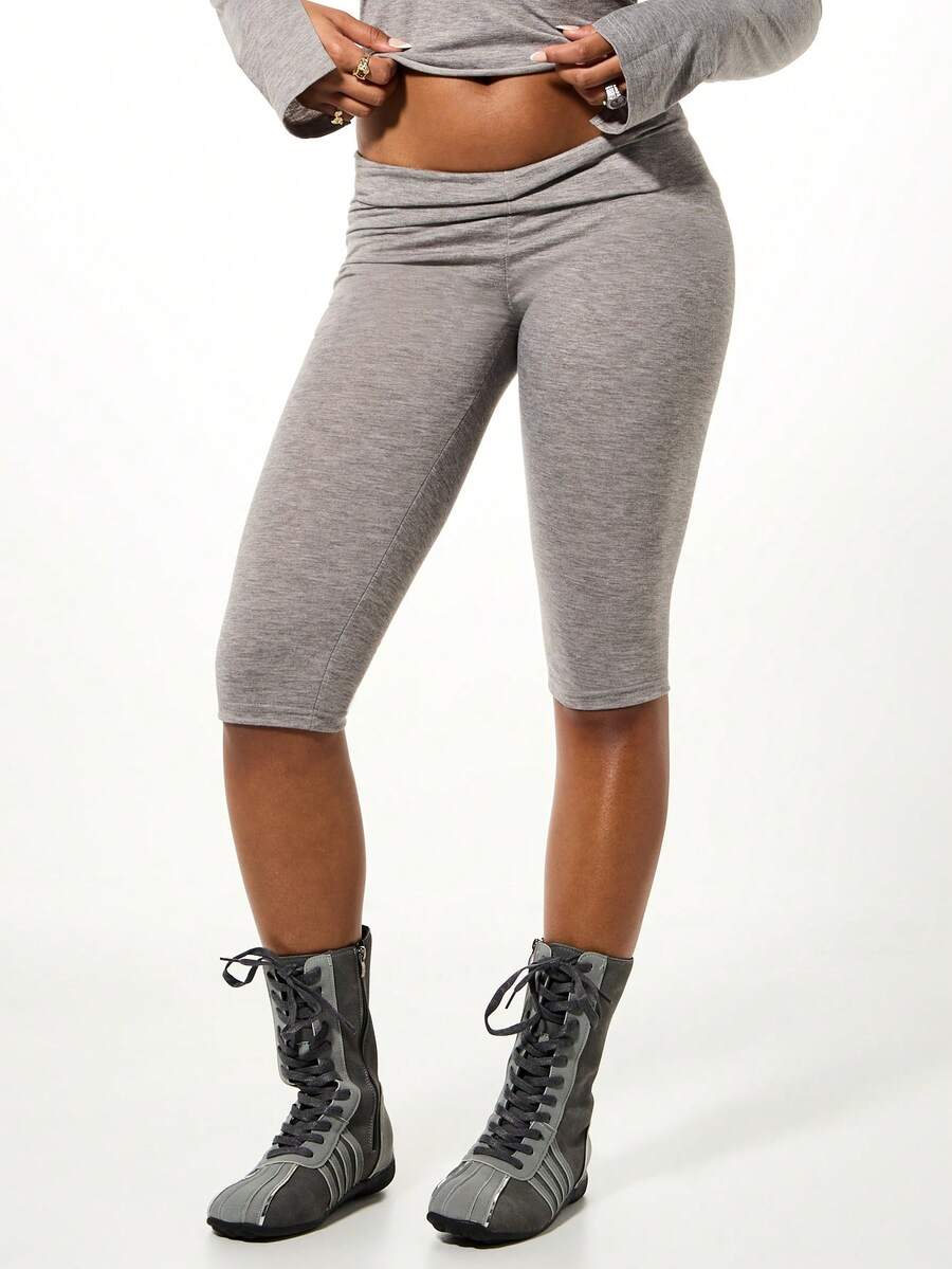 SUMWON WOMEN Heathered Ruched Back Capri Leggings High Rise Fitted Stretchy Jersey Knee Length Comfort Lounge Bottoms - Grey - View 1