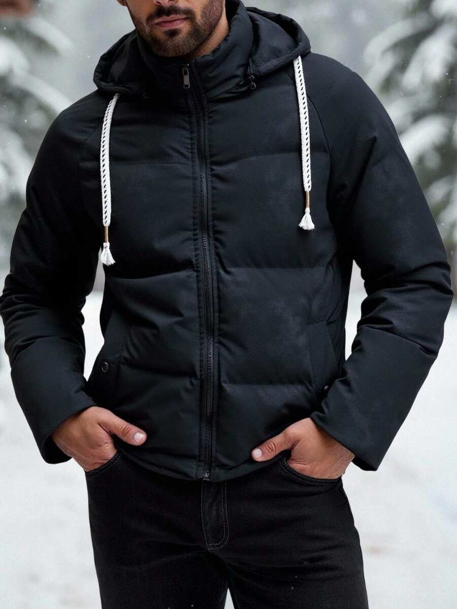 Manfinity VCAY Men's Long Sleeve Casual Hooded Slim Fit Zip Up Padded Coat Winter Black Outerwear Bubble Coat - Black - View 1