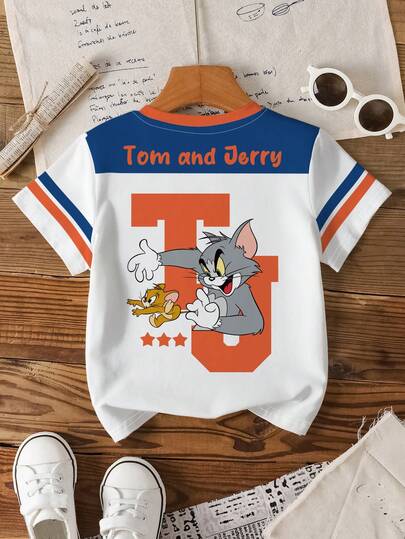 TOM & JERRY X SHEIN Young Boy Striped & Cartoon Pattern Color Block Round Neck Short Sleeve T-Shirt