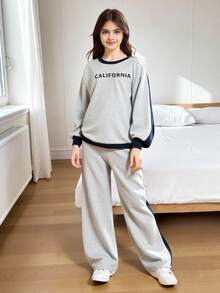2件套少女休闲运动家居服套装，包括卫衣和阔腿运动裤，撞色宽松圆领长袖连帽衫和裤子，返校套装，灰色和藏蓝色 - 灰色 - 查看 5
