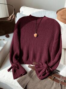 SHEIN Tween Girls Autumn/Winter Knitted Ribbed Cuff Tie Bow Loose Fit Pullover Sweater - Burgundy - View 8
