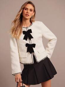 Enchnt Fall/Winter Romantic Women's White Short Bowknot Decor Contrast Trim Long Sleeve Woolen Jacket, Sweet&Elegant&Fashionable For Vacation&Date&Holiday&Birthday&Party&Wedding Guest&Afternoon Tea&Office&Going Out,Fall Jacket For Women,Autumn Clothes - White - View 5