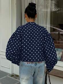 Muchica Navy Blue & White Polka Dot Casual Versatile Commute & Date Jacket, Plus Size, Spring/Summer Fall - Navy Blue - View 2