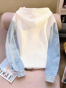 SHEIN 热销款式，甜美少女风仿亮片蝴蝶结仿牛仔拼接女式连帽卫衣，日常购物、约会、上学皆宜，时尚保暖，秋冬必备单品 - 彩色 - 查看 2